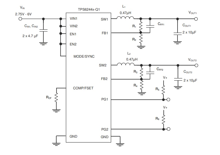 原理图 - Texas Instruments TPS6244x/TPS6244x-Q1双路降压转换器